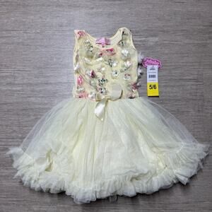 Popatu Sleevless Yellow Dress W/ Tulle Skirt Bottom NWT 5/6 Floral Bow Tie